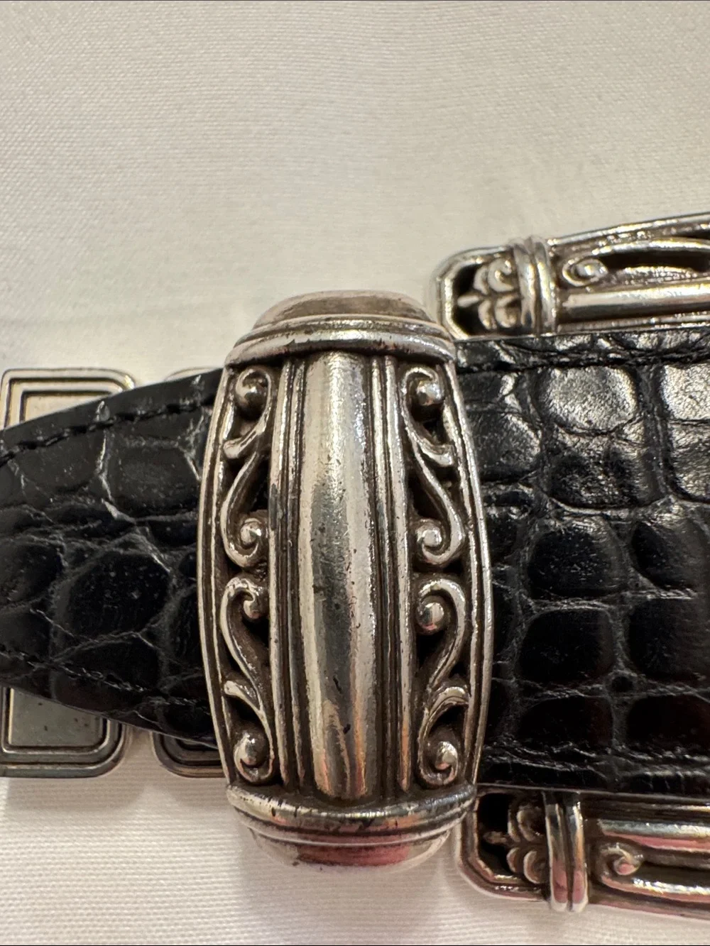 Vintage Brighton Reversible Croc-Embossed Leather Belt w/Ornate Silver Buckle